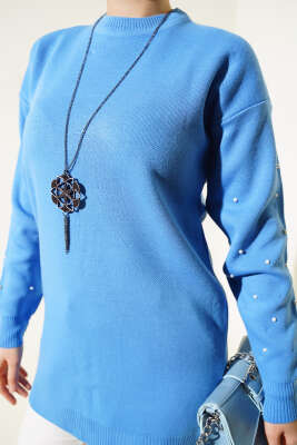 Kolları Taş Detaylı Triko Tunik İndigo - Triko Tunik