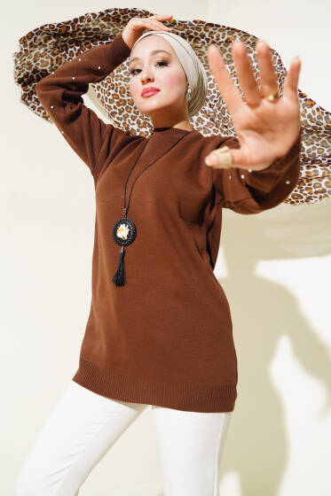 Kolları Taş Detaylı Triko Tunik Kahve - Triko