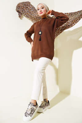 Kolları Taş Detaylı Triko Tunik Kahve - Triko Tunik