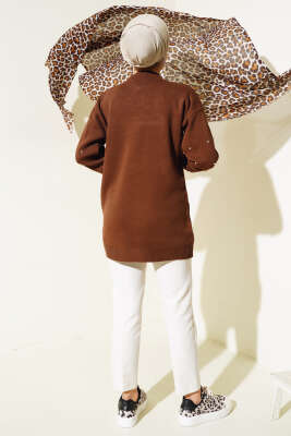 Kolları Taş Detaylı Triko Tunik Kahve - Triko Tunik