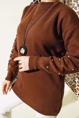 Kolları Taş Detaylı Triko Tunik Kahve - Triko Tunik