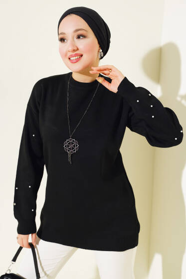 Kolları Taş Detaylı Triko Tunik Siyah - Triko