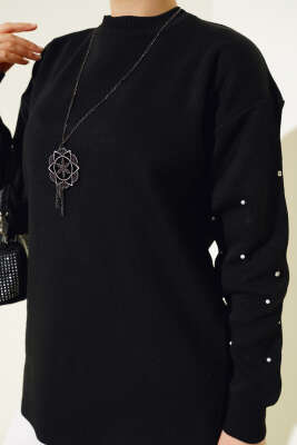 Kolları Taş Detaylı Triko Tunik Siyah - Triko Tunik