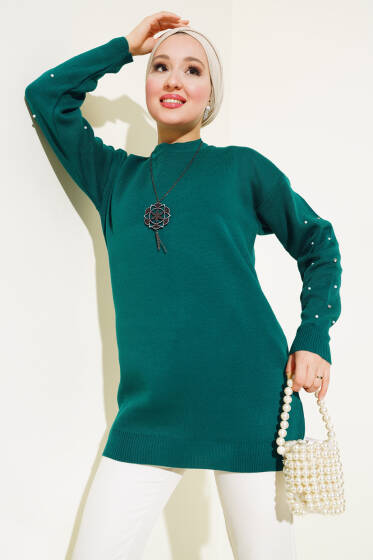 Kolları Taş Detaylı Triko Tunik Zümrüt - Triko