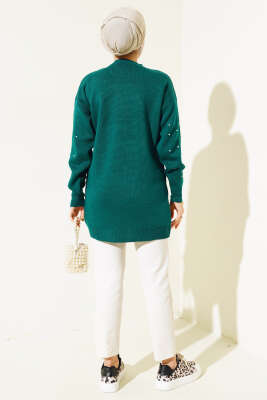 Kolları Taş Detaylı Triko Tunik Zümrüt - Triko Tunik