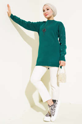 Kolları Taş Detaylı Triko Tunik Zümrüt - Triko Tunik