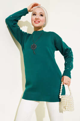 Kolları Taş Detaylı Triko Tunik Zümrüt 