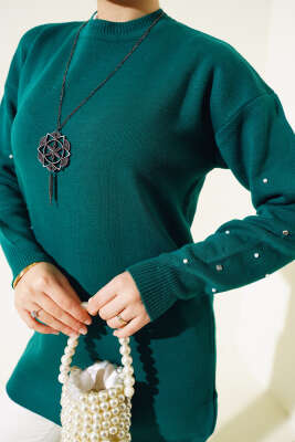 Kolları Taş Detaylı Triko Tunik Zümrüt - Triko Tunik