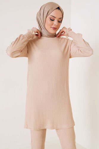 Kolları Taşlı Bürümcük İkili Takım Bej - İKİLİ TAKIM