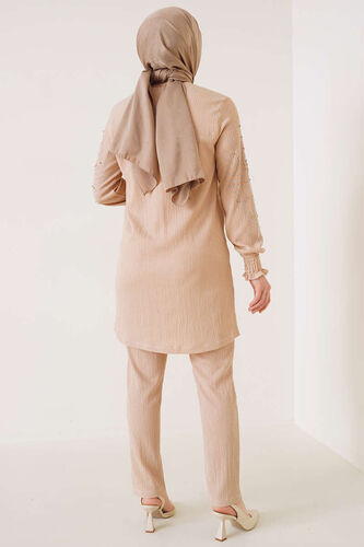 Kolları Taşlı Bürümcük İkili Takım Bej - İKİLİ TAKIM