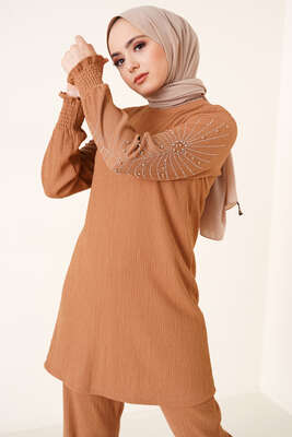 Kolları Taşlı Bürümcük İkili Takım Latte - İKİLİ TAKIM