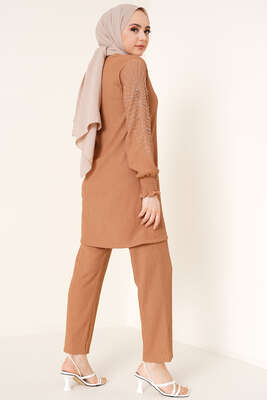Kolları Taşlı Bürümcük İkili Takım Latte - İKİLİ TAKIM