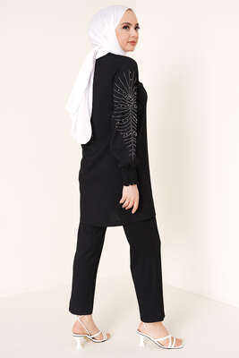 Kolları Taşlı Bürümcük İkili Takım Siyah - İKİLİ TAKIM