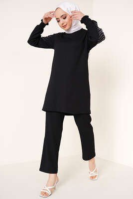 Kolları Taşlı Bürümcük İkili Takım Siyah 