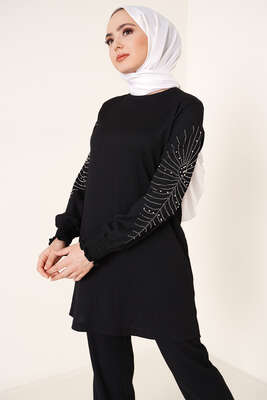 Kolları Taşlı Bürümcük İkili Takım Siyah - İKİLİ TAKIM