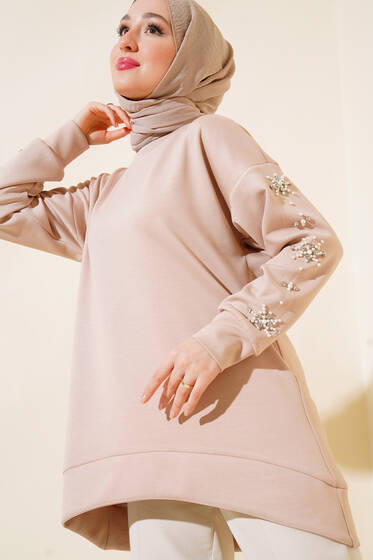 Kolları Taşlı İncili Tunik Bej - Tunik