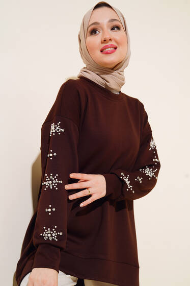 Kolları Taşlı İncili Tunik Kahve - Tunik