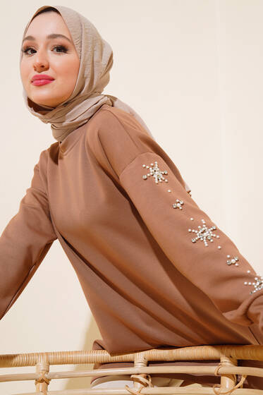 Kolları Taşlı İncili Tunik Vizon - Tunik