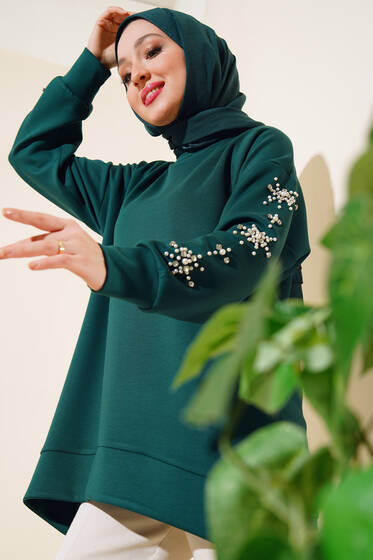Kolları Taşlı İncili Tunik Zümrüt Yeşili - Tunik