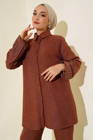 Kolları Taşlı Keten İkili Takım Kahve - İkili Takım