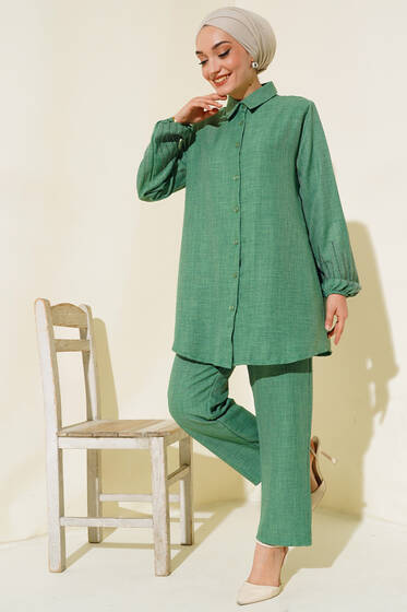 Kolları Taşlı Keten İkili Takım Yeşil - İkili Takım