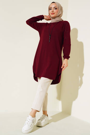 Kolları Taşlı Kolyeli Tunik Bordo - Tunik
