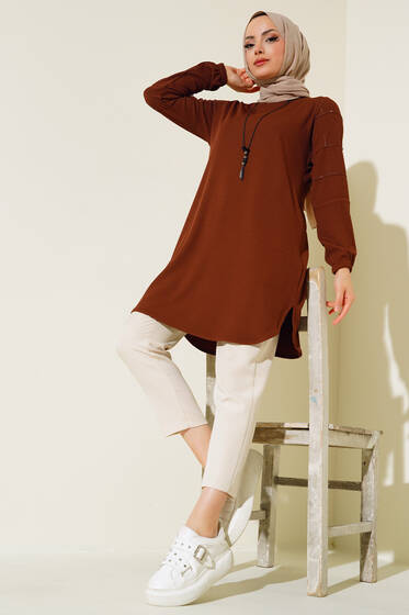 Kolları Taşlı Kolyeli Tunik Kahve - Tunik