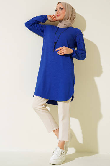 Kolları Taşlı Kolyeli Tunik Saks - Tunik