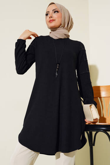 Kolları Taşlı Kolyeli Tunik Siyah - Tunik