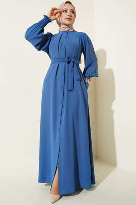 Kolları Taşlı Kuşaklı Elbise İndigo - KAWEL