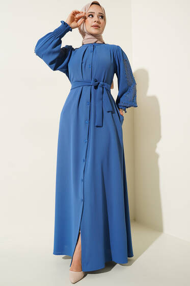 Kolları Taşlı Kuşaklı Elbise İndigo - Tesettür Elbise