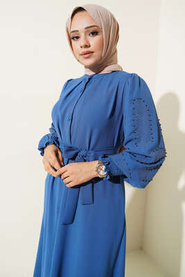 Kolları Taşlı Kuşaklı Elbise İndigo - Tesettür Elbise