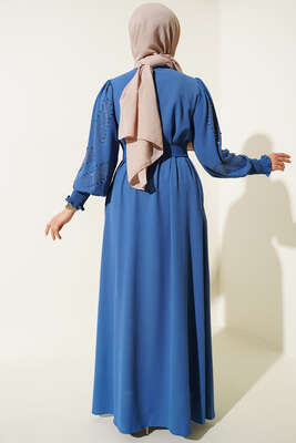 Kolları Taşlı Kuşaklı Elbise İndigo - Tesettür Elbise