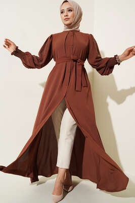 Kolları Taşlı Kuşaklı Elbise Kahve 