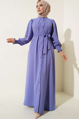 Kolları Taşlı Kuşaklı Elbise Lila 