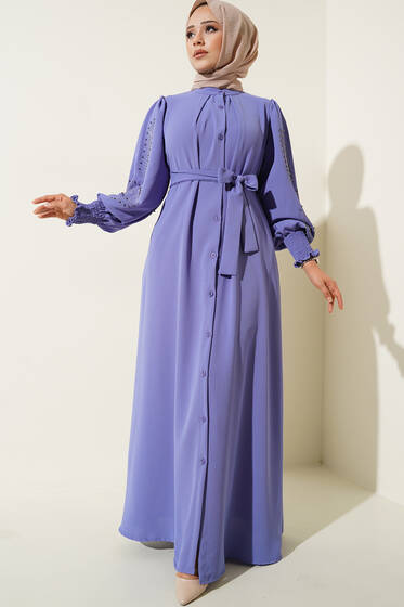 Kolları Taşlı Kuşaklı Elbise Lila - Tesettür Elbise