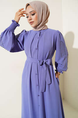 Kolları Taşlı Kuşaklı Elbise Lila - Tesettür Elbise