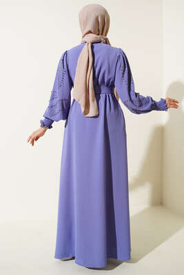 Kolları Taşlı Kuşaklı Elbise Lila - Tesettür Elbise