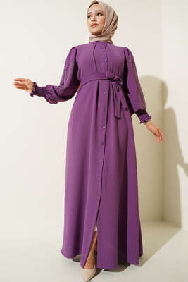 Kolları Taşlı Kuşaklı Elbise Menekse 