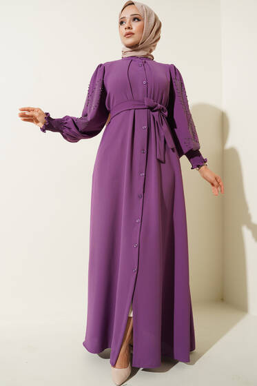 Kolları Taşlı Kuşaklı Elbise Menekse - Tesettür Elbise