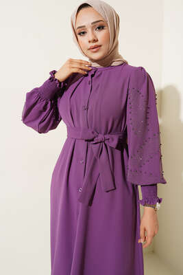 Kolları Taşlı Kuşaklı Elbise Menekse - Tesettür Elbise