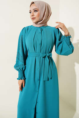 Kolları Taşlı Kuşaklı Elbise Mint - Tesettür Elbise