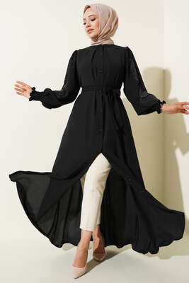 Kolları Taşlı Kuşaklı Elbise Siyah 