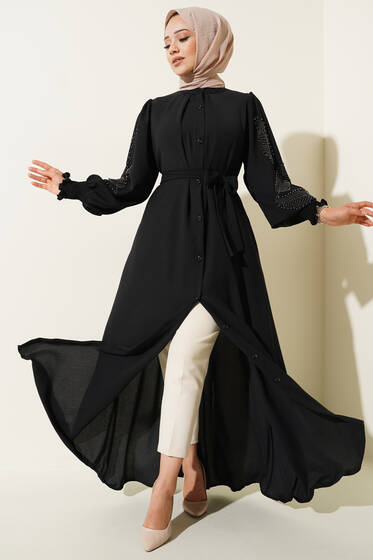 Kolları Taşlı Kuşaklı Elbise Siyah - Tesettür Elbise