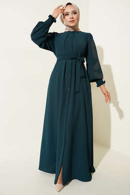 Kolları Taşlı Kuşaklı Elbise Zümrüt Yeşili - KAWEL