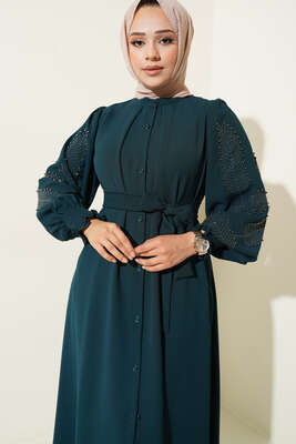 Kolları Taşlı Kuşaklı Elbise Zümrüt Yeşili - Tesettür Elbise