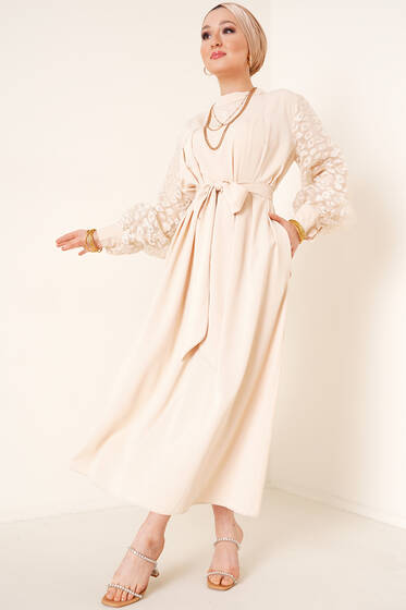 Kolları Tül Elbise Bej - Tesettür Elbise