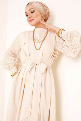 Kolları Tül Elbise Bej - Tesettür Elbise