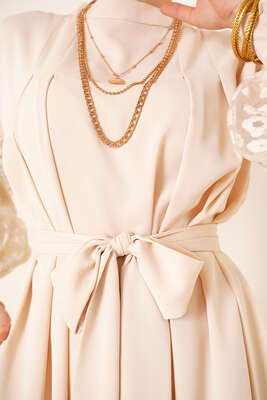 Kolları Tül Elbise Bej - Tesettür Elbise