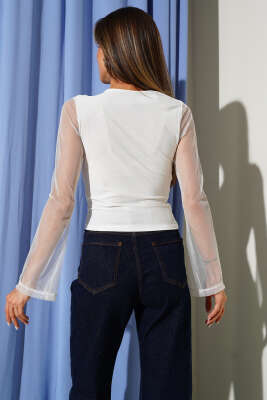 Kolları Tül Sandy Bluz Ekru - Yılın Fırsatı